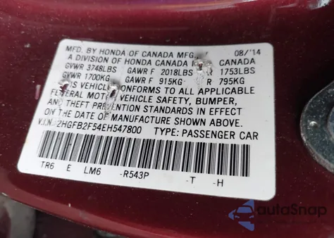 2014 Honda Civic Lx z USA, uszkodzony, nr VIN 2HGFB2F54EH547800